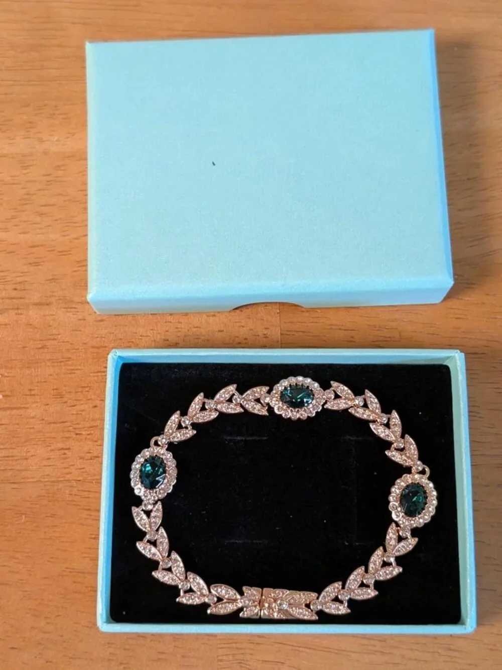 Emerald Green Crystal Tennis Bracelet, Rose Gold Leaf Design, Elegant Vintage